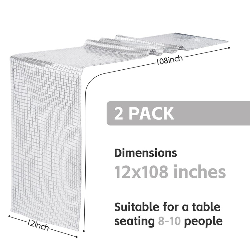 2 Pack 12x108 Inch Disco Table Runner, Silver Mirror Sequin, Glitter Foil gallery