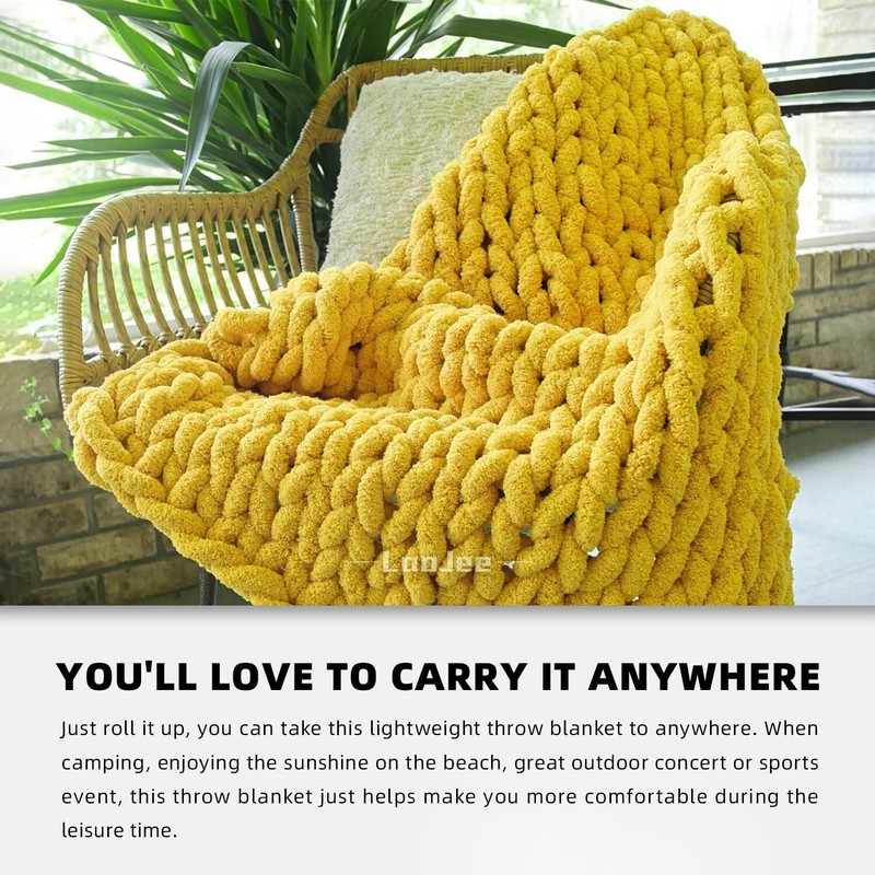 Chunky Knit Blanket - Yellow Throw Blanket - Soft Chenille Throw 50" x 60" gallery