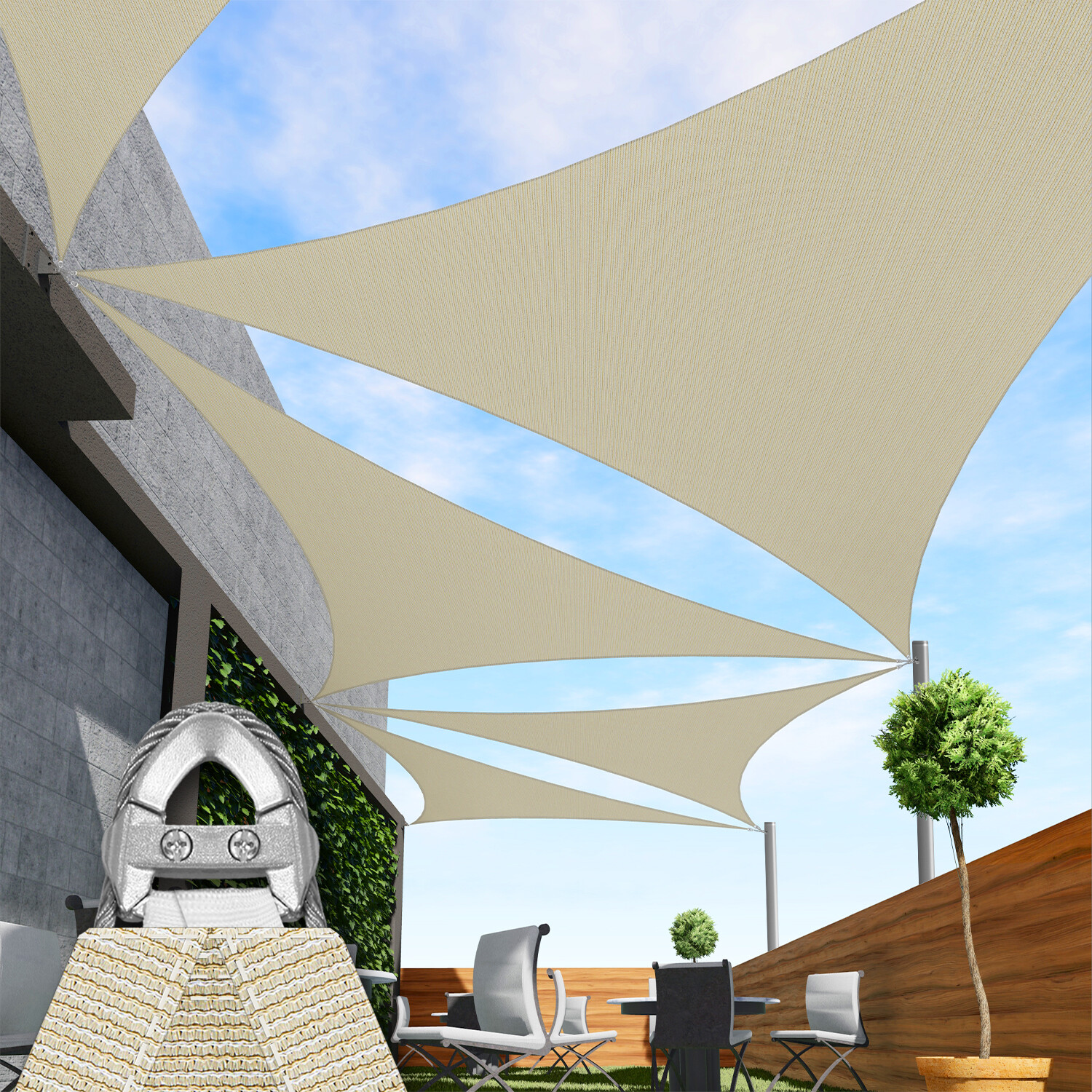 Beige Equilateral Triangle Outdoor Steel Cable Sun Shade Sail 260GSM gallery