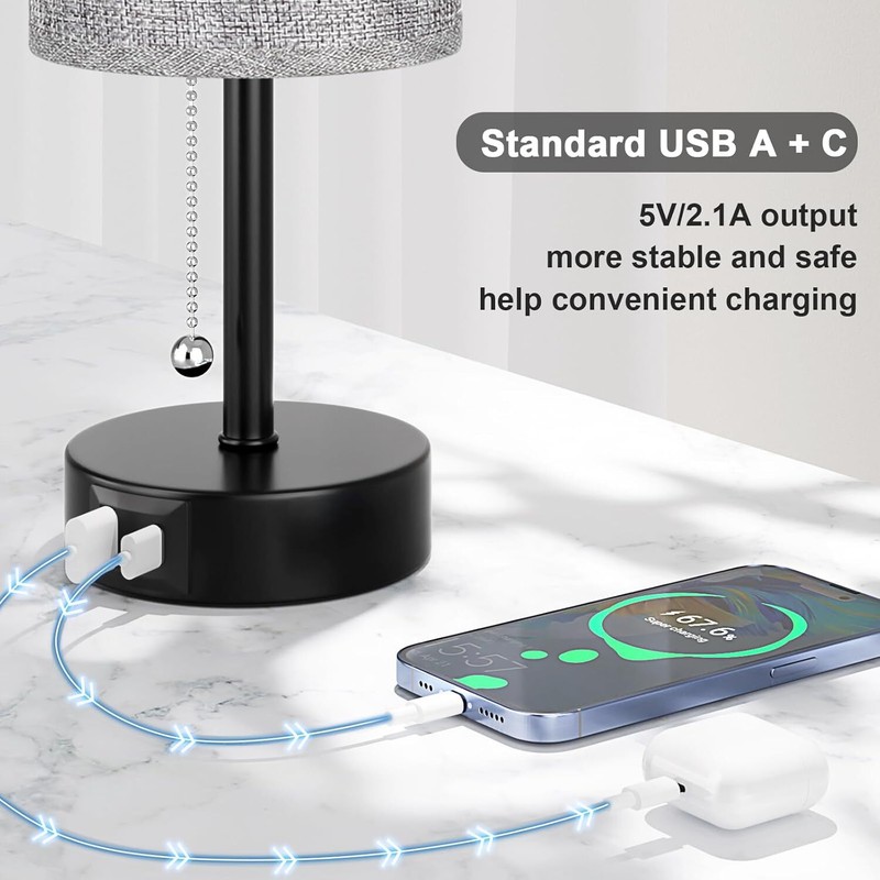 Gray Bedside Lamp for Nightstand - Small Table Lamp with USB A + C Charging Port gallery