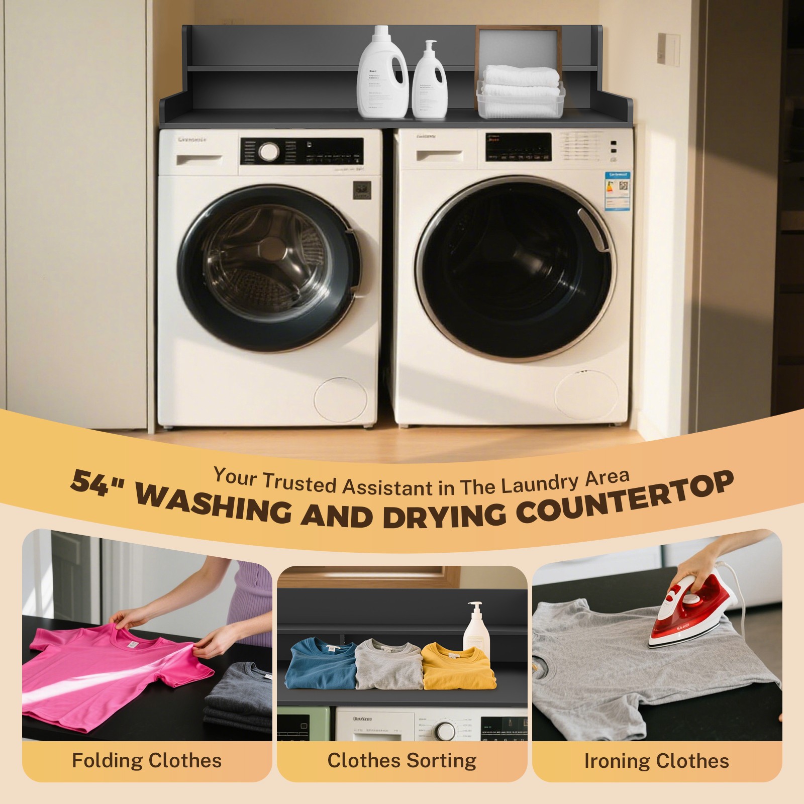 2-TIer 54" Washer Dryer Countertop, Solid Wood Laundry Topper with Anti-Slip Mat gallery