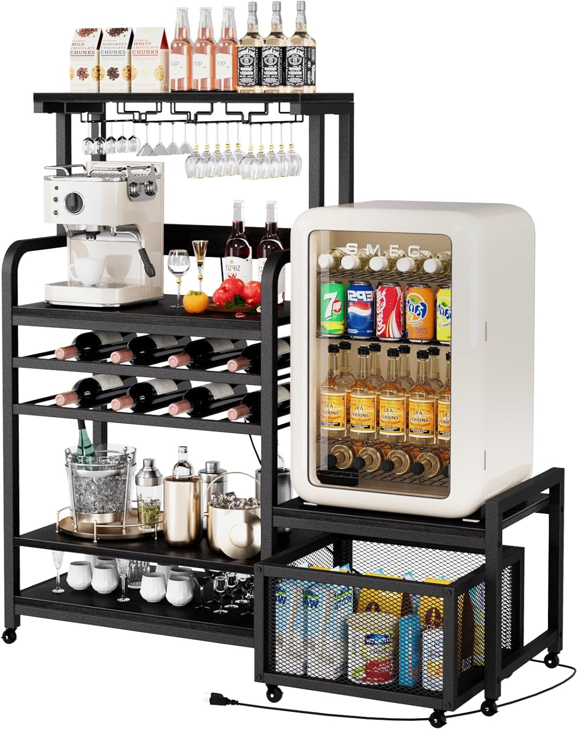 Compact Mini Fridge Stand with Power Outlet, Wine Rack & Storage Baskets gallery
