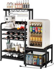 Compact Mini Fridge Stand with Power Outlet, Wine Rack & Storage Baskets