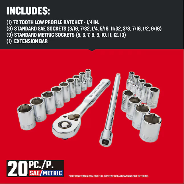 Craftsman 20Pc 1/4" Drive Ratchet & Socket Set Tool Wrench SAE Inch Metric Case* gallery