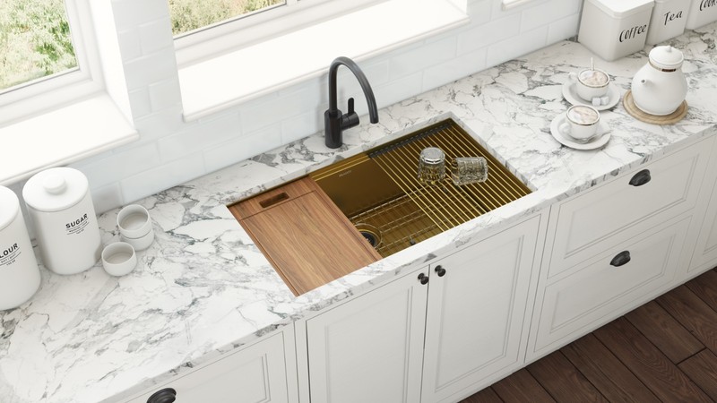 Ruvati 33" Matte Gold Workstation Undermount Single Bowl Kitchen Sink- RVH6533GG gallery