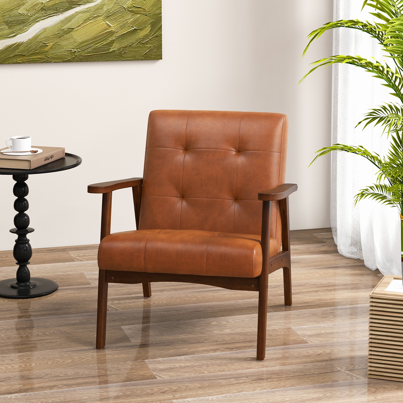 2PCS Mid Century Accent Chairs Tufted Reading Armchair Solid Rubber Wood gallery