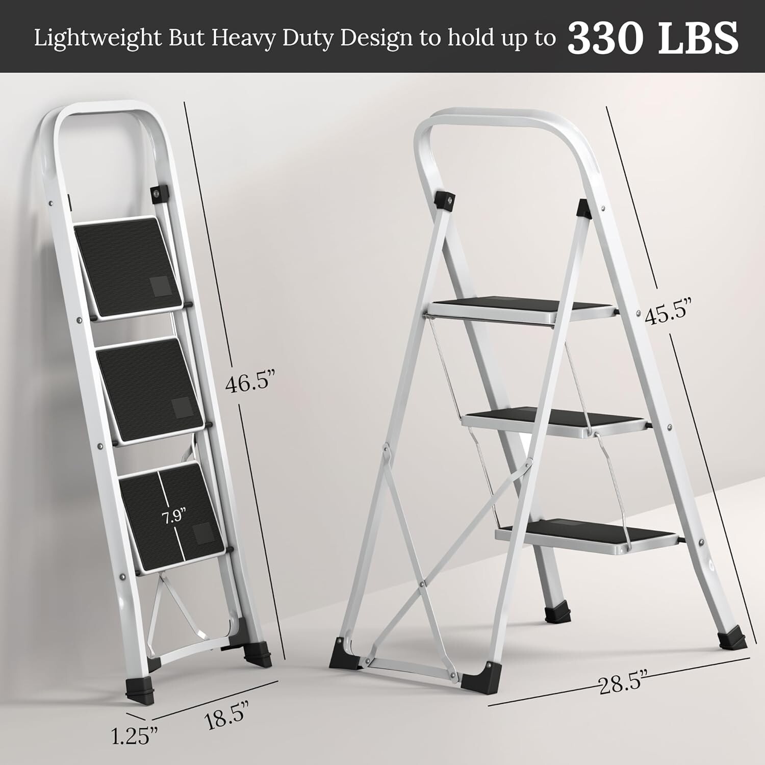 Steel Folding 3-Step Stool Ladder Adults With Soft-Grip Handle 330 Lbs White gallery