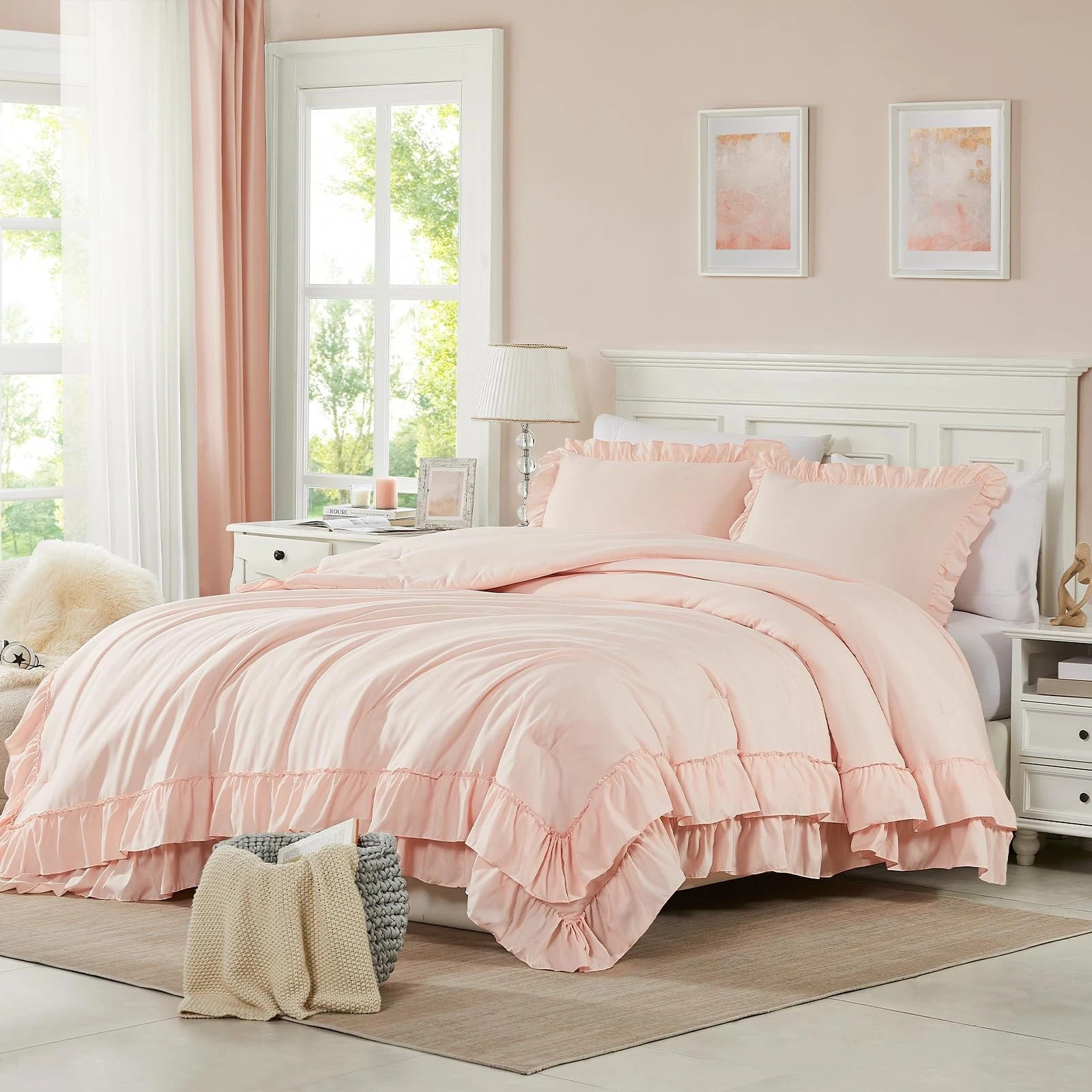 Blush Pink Comforter Set Queen, 3Pcs Comforters Queen Size Ruffle Farmhouse B... gallery
