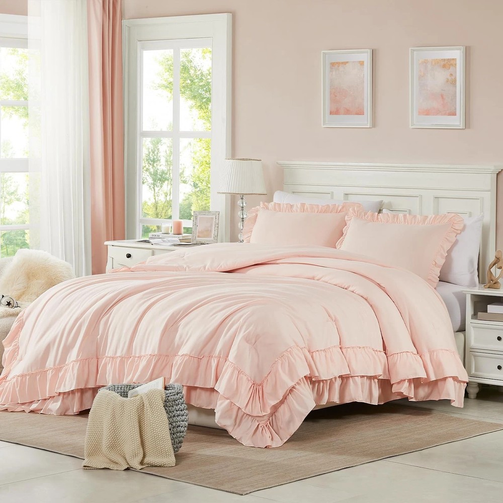 Blush Pink Comforter Set Queen, 3Pcs Comforters Queen Size Ruffle Farmhouse B...