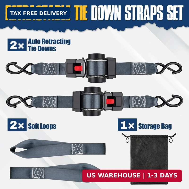 2 Pack Retractable Ratcheting Straps - 2 Inch x 10 Feet, 3,000lbs Break Strength gallery