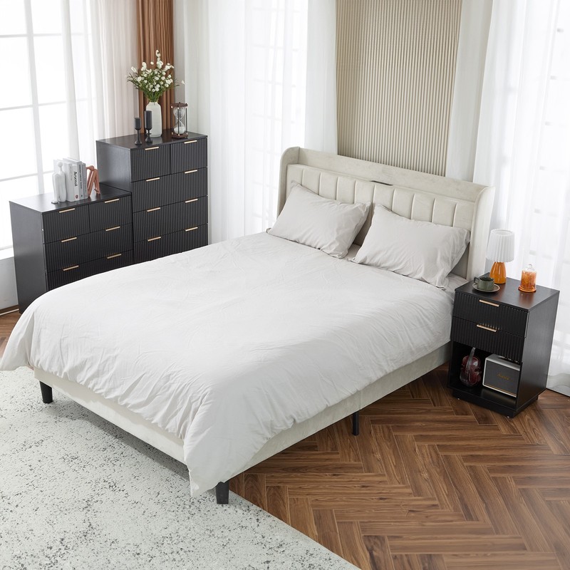 Black P2 Density Board Wavy Pattern Drawer Front Two-Drawer Bedside Cabinet gallery