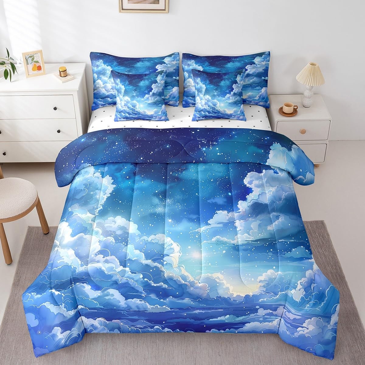 Blue Night Sky Comforter Set with Sheets Clouds Stars Moon Printed 7 Piece Be... gallery