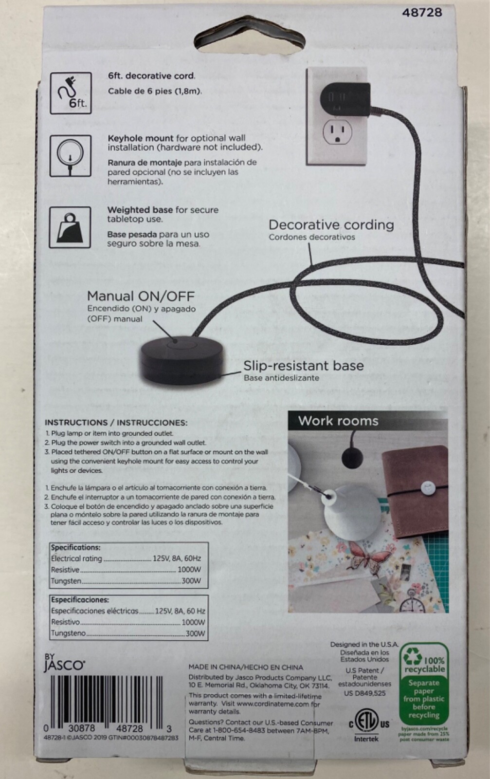 Decor Cordinate Tabletop Wall Mount Switch Plug w/ Braided Cord Black/White NEW gallery