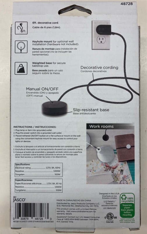 Decor Cordinate Tabletop Wall Mount Switch Plug w/ Braided Cord Black/White NEW gallery