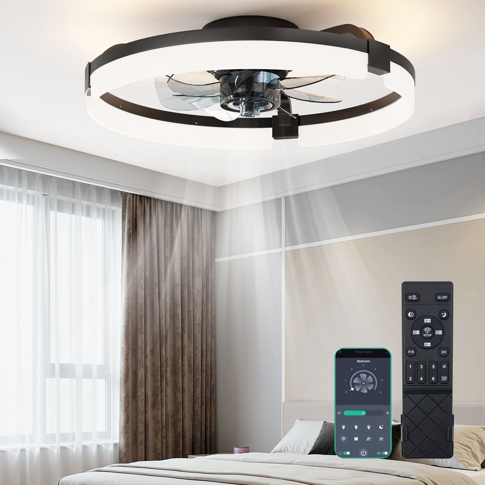 Low Profile Ceiling Fan with Light, 19in Flush Mount Bladeless Fan, Dimmable LED gallery