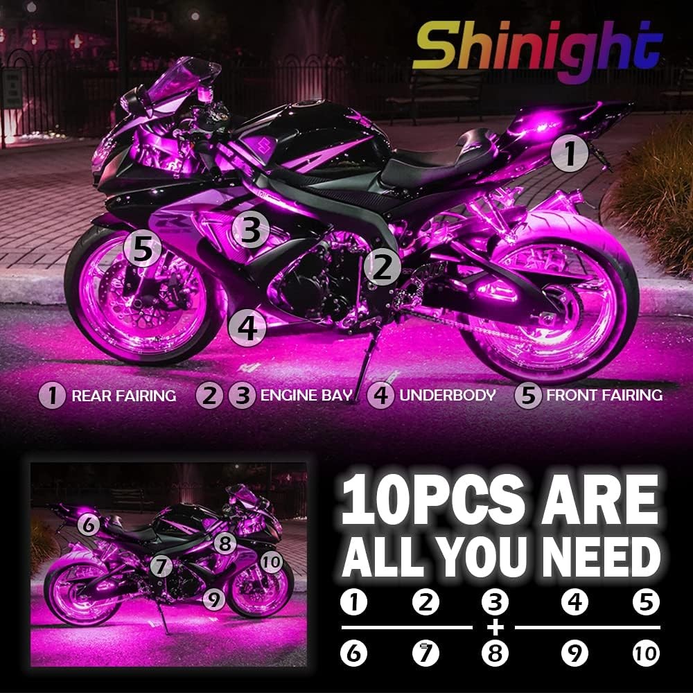 SHINIGHT 10 Pcs Motorcycle LED Light Kit App Control RGB gallery