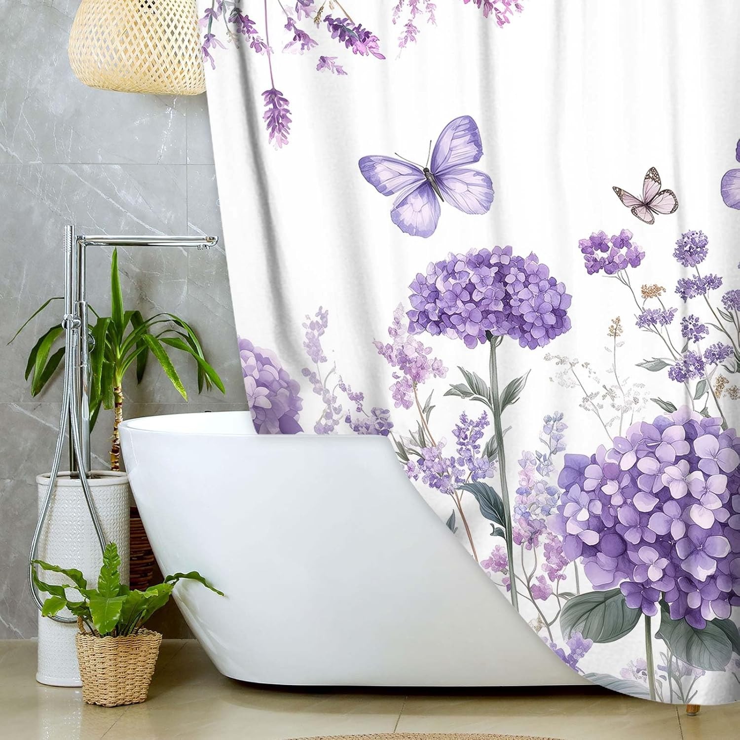 Summer Spring Hydrangea Floral Shower Curtain, Purple Colourful Floral Butterfly gallery