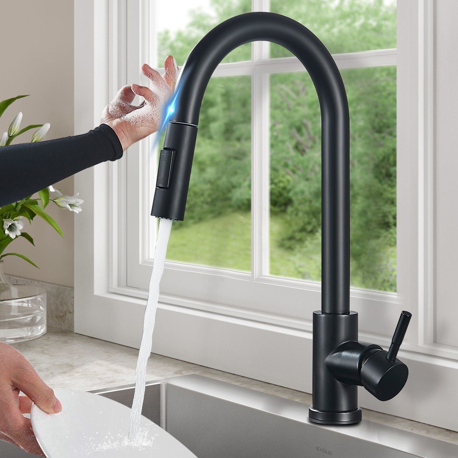 Touch sensor Kitchen Sink Faucet Black Pull Down Sprayer Single Handle Mixer Tap gallery