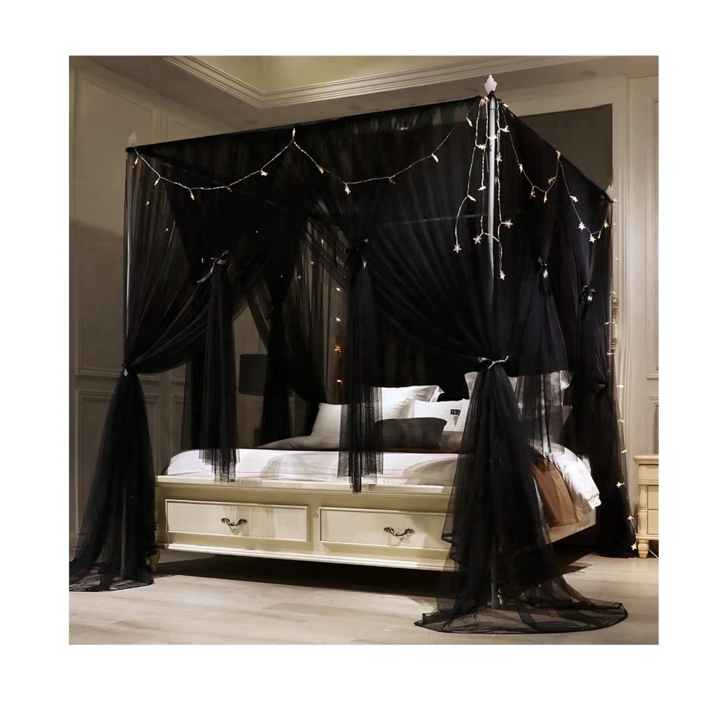 Queen Black Sheer Bed Canopy Netting, Polyester Solid Stars Theme, Tiebacks