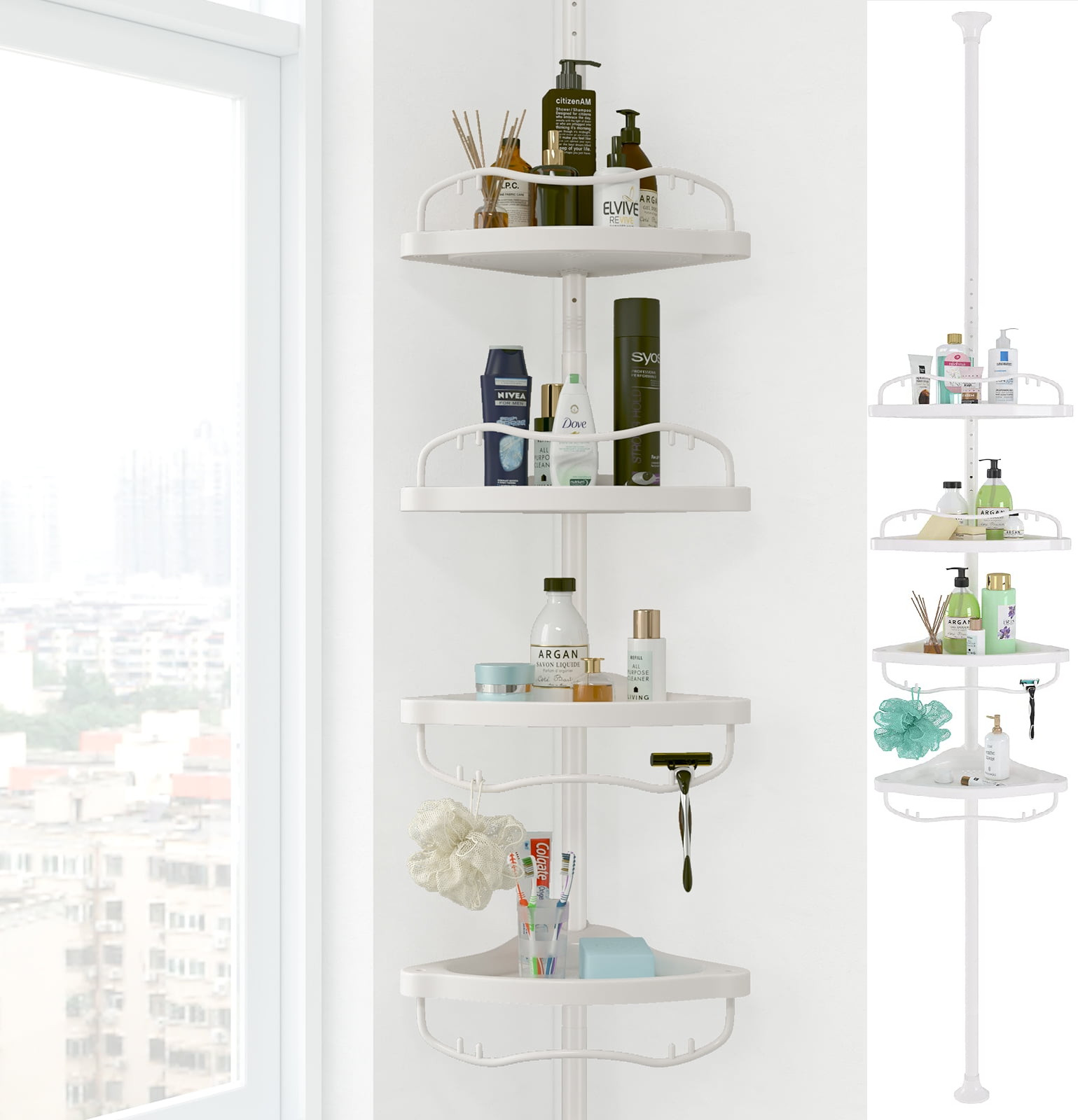 39"-125" high Tension Pole 4 Tier shower caddy shampoo soap Shelves Rack holder gallery