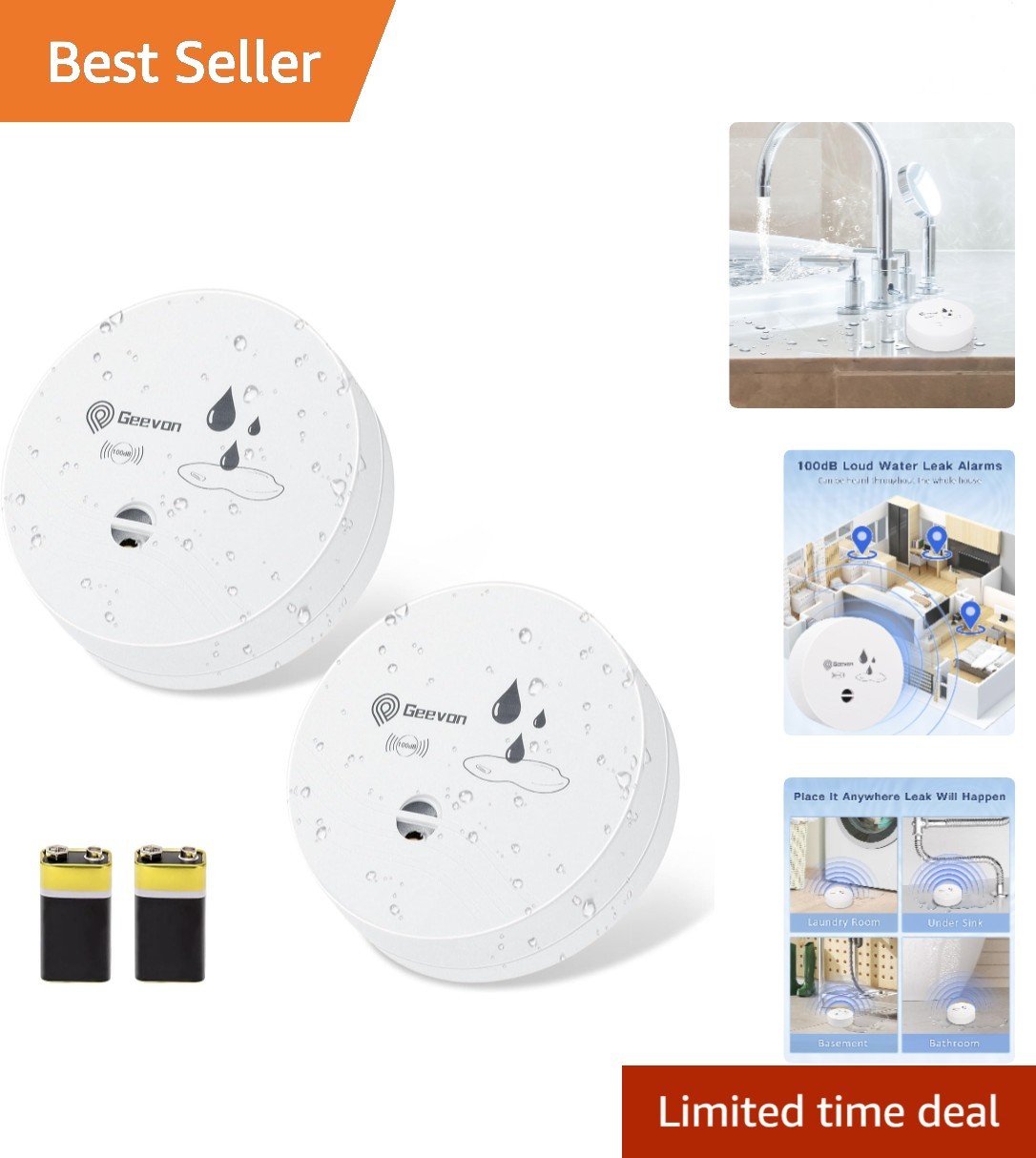 2-Pack 100dB Water Leak Detectors - Battery Operated, Compact & Reliable gallery