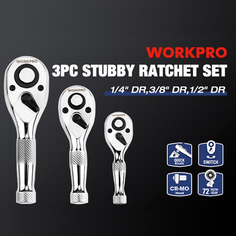 WORKPRO 3PC Stubby Ratchet Set 1/4" 3/8" 1/2" Drive Ratchet Handle Quick Release gallery