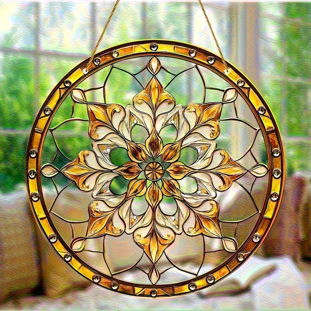 Round Acrylic Imitation Painted Wall Decor Bohemian Golden Flower Sun Catcher gallery