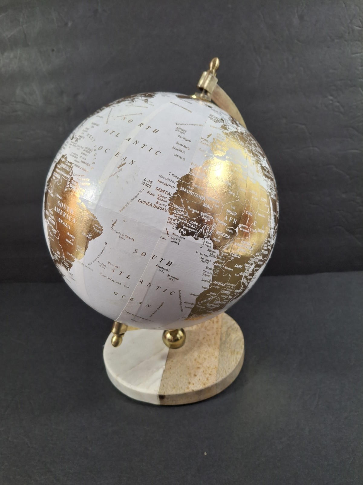 Decorative Desktop World Globe 10-11" Gold White Marble And Wood Base Vtg gallery