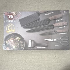 HEESEM Kitchen Knife Set 6pc Stainless Steel Wood Handle Cleaver Scissors