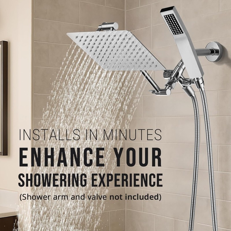 Chrome All Metal Square Shower Head Combo 8" Rain Shower Head Handheld Shower gallery