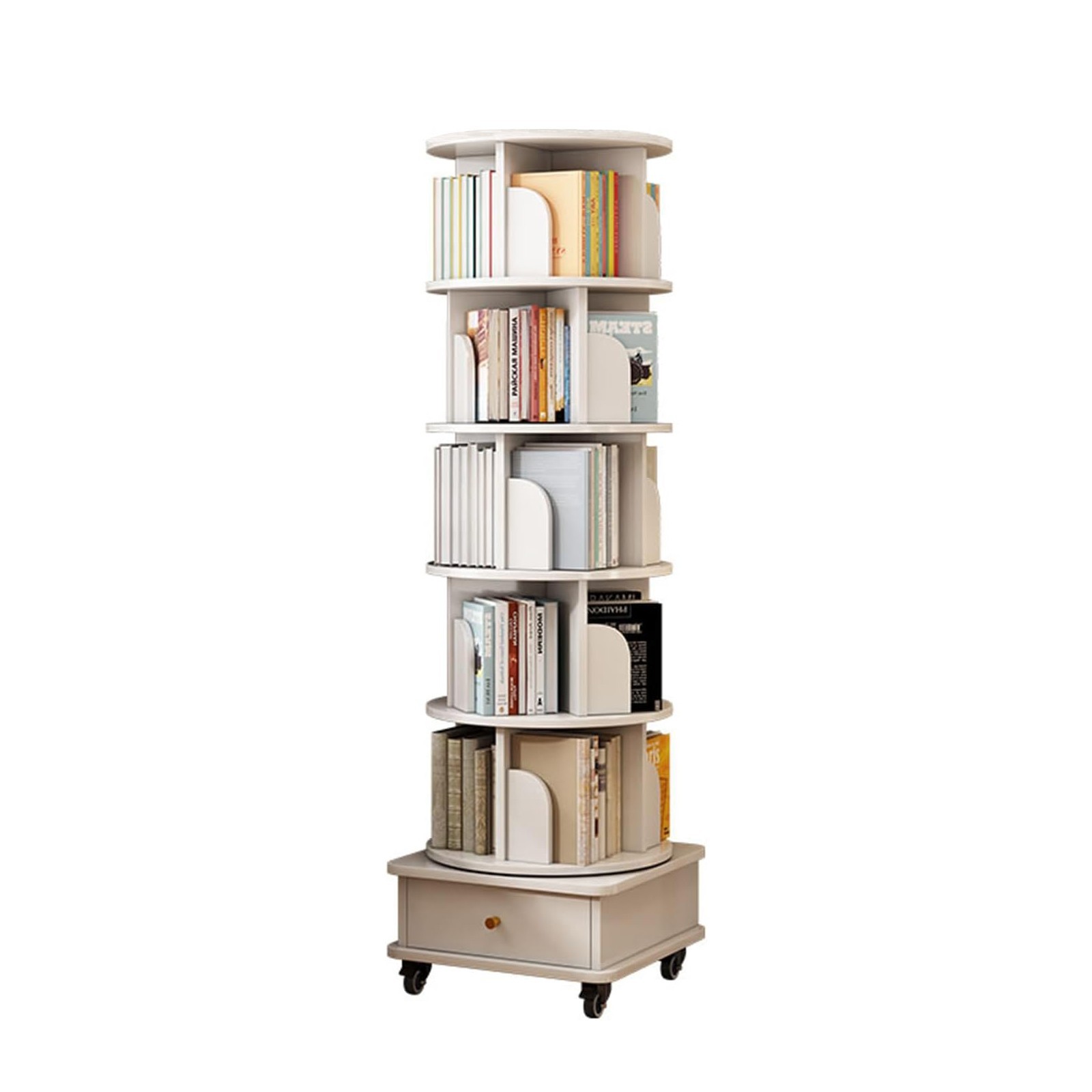 6 Tier Rotating Bookshelf 360° Spinning Display with Wheels Drawer Space-Saving gallery