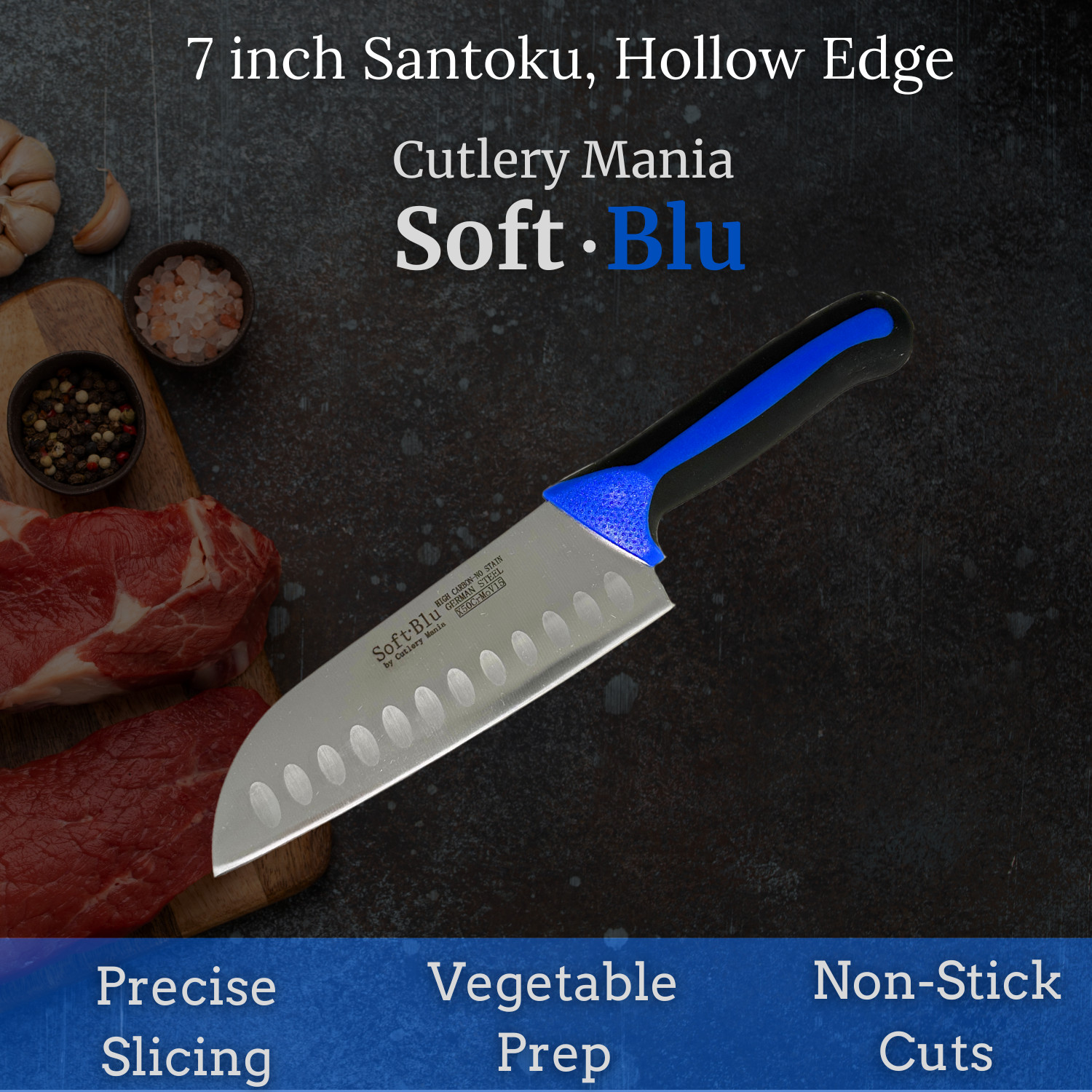 SoftBlu 7 Inch Santoku Knife with German X50CrMoV15 Stainless Steel gallery