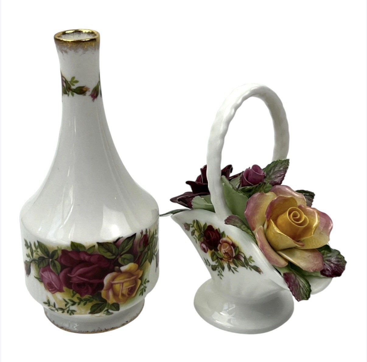 Royal Albert Old Country Roses Bud Vase & Basket Bone China Gold Trim gallery