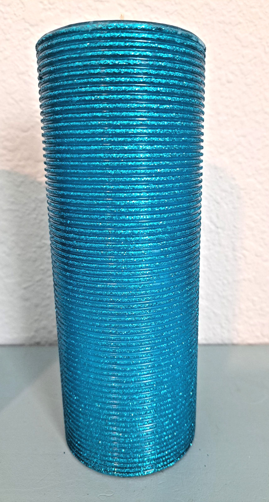 NEW ~ CRATE & BARREL (2) Shimmer Pillar Teal Blue 3x8 100 hrs. Burn time gallery