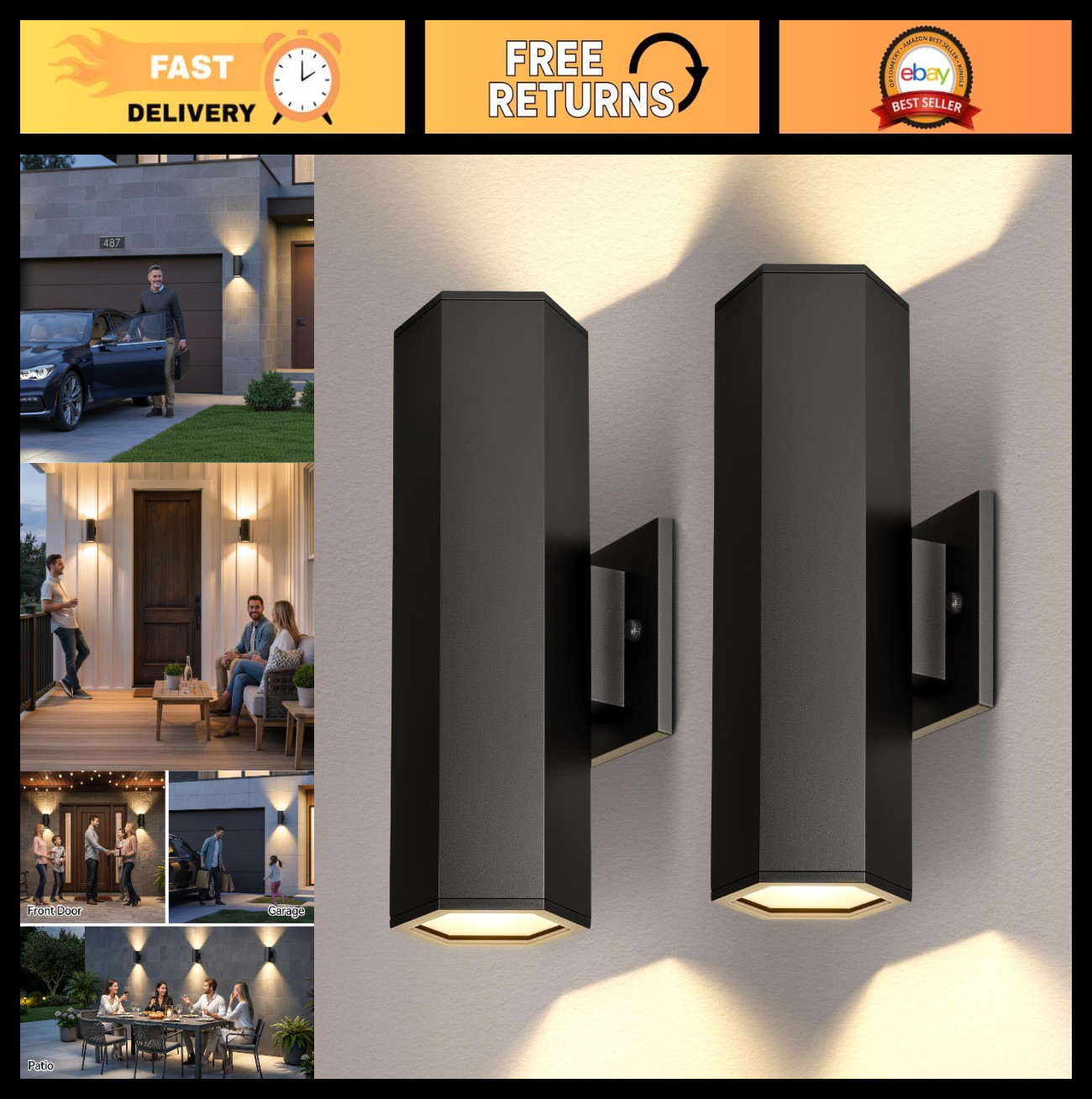 2 Pack Outdoor Wall Light Fixtures, Up & Down Dodecagon Design, IP65 Waterproof gallery
