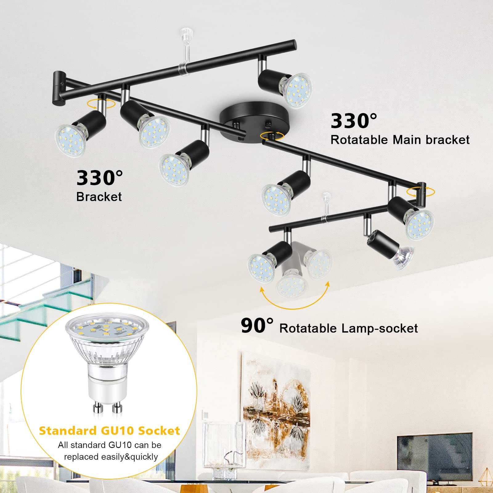 8 Light Track Lighting Kit,Black 8 Way Ceiling Spot Light,GU10 bulb not included gallery