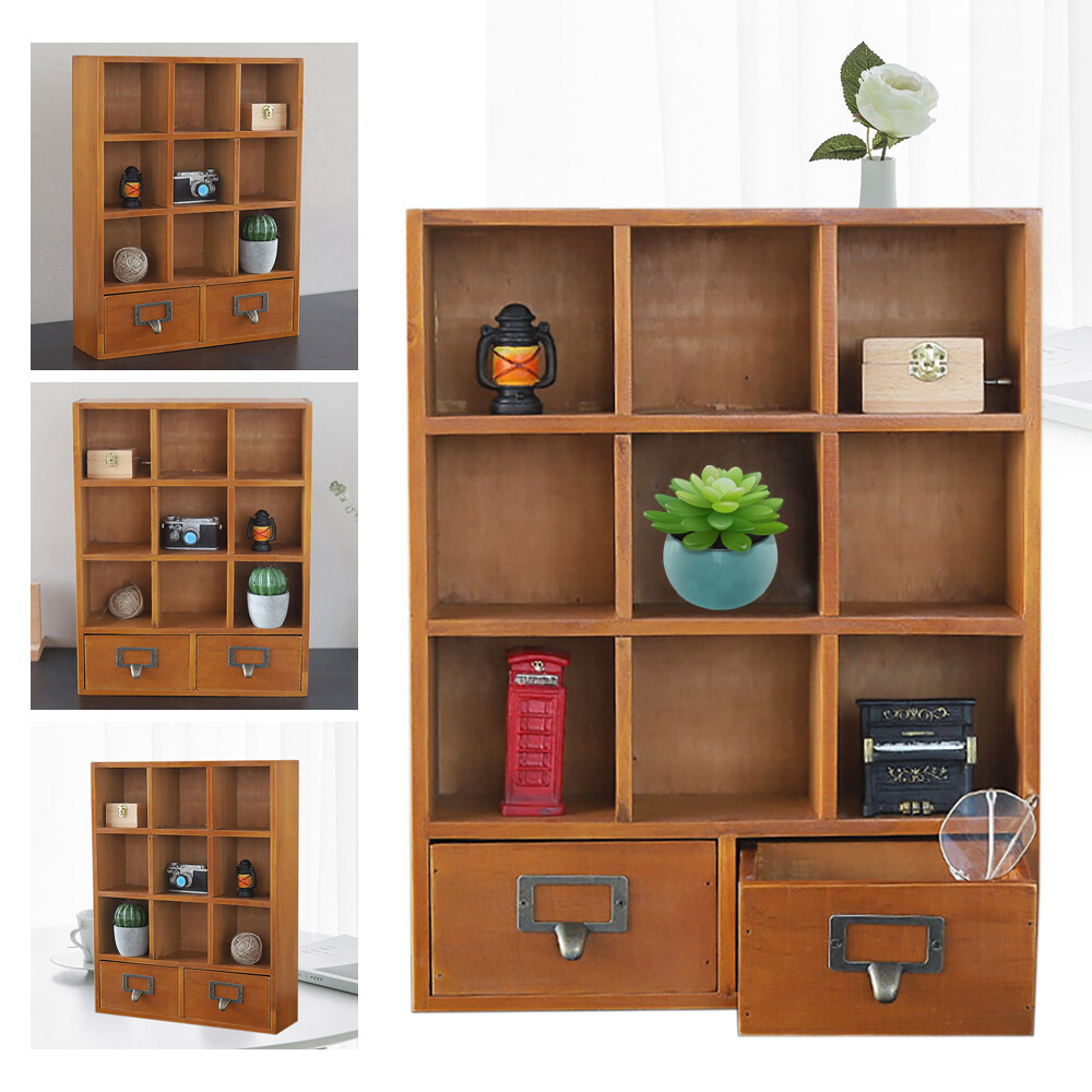 9 Cube Storage Shelf Vintage Organizer Small Item Display Cabinet With 2 Drawers gallery