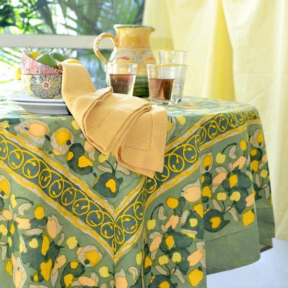 French Coleur Nature Tablecloth Fruit Handmade Green Yellow 71x71" Sq Seats 4-6 gallery