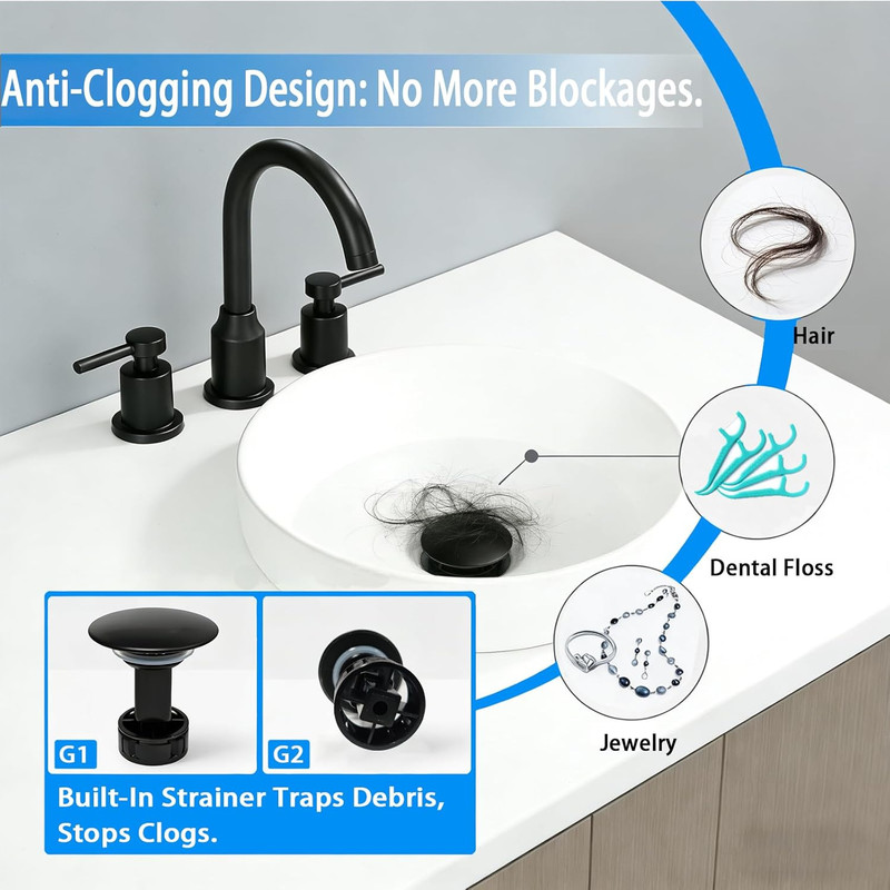 Bathroom Sink Drain without Overflow- Matte Black Pop up Drain for Bathroom Vani gallery
