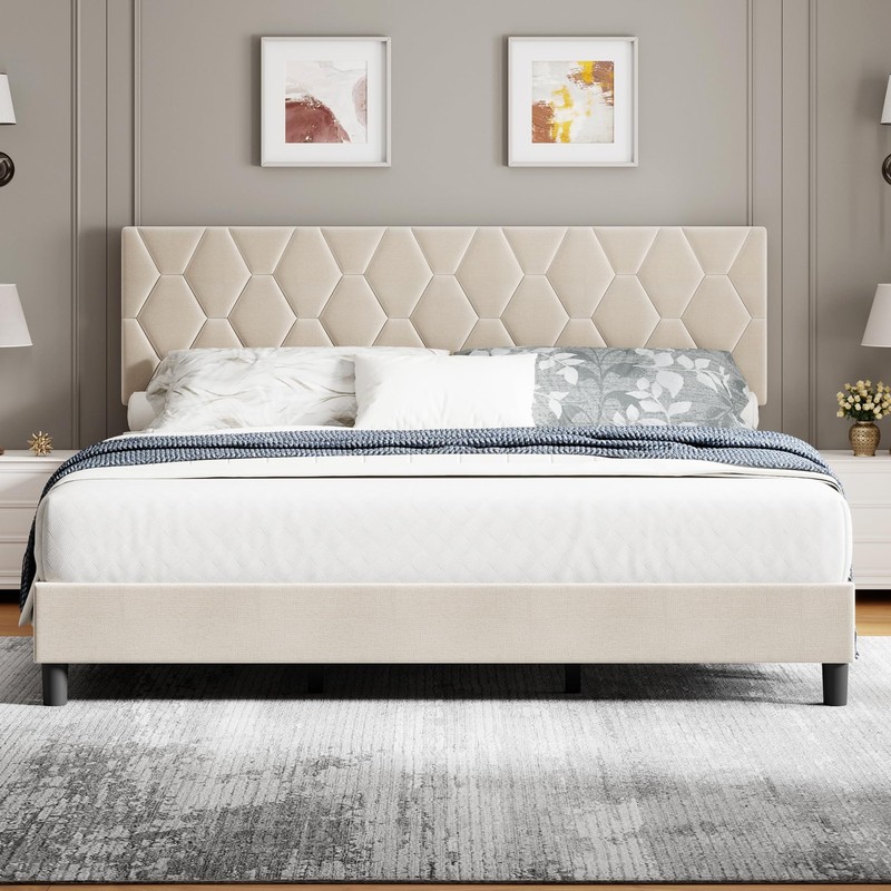 King Size Modern Platform Bed Frame with Upholstered Headboard, Easy Assembly gallery
