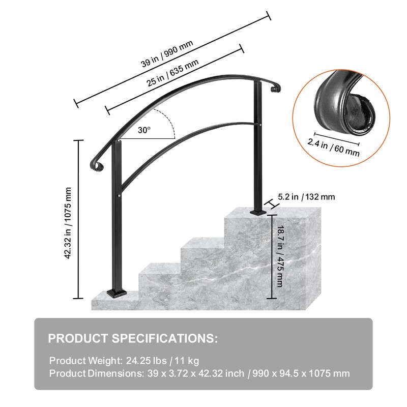 VEVOR 3FT Angle Adjustable Iron Handrail Black Fit 2 or 3 Steps Handrail Brick gallery