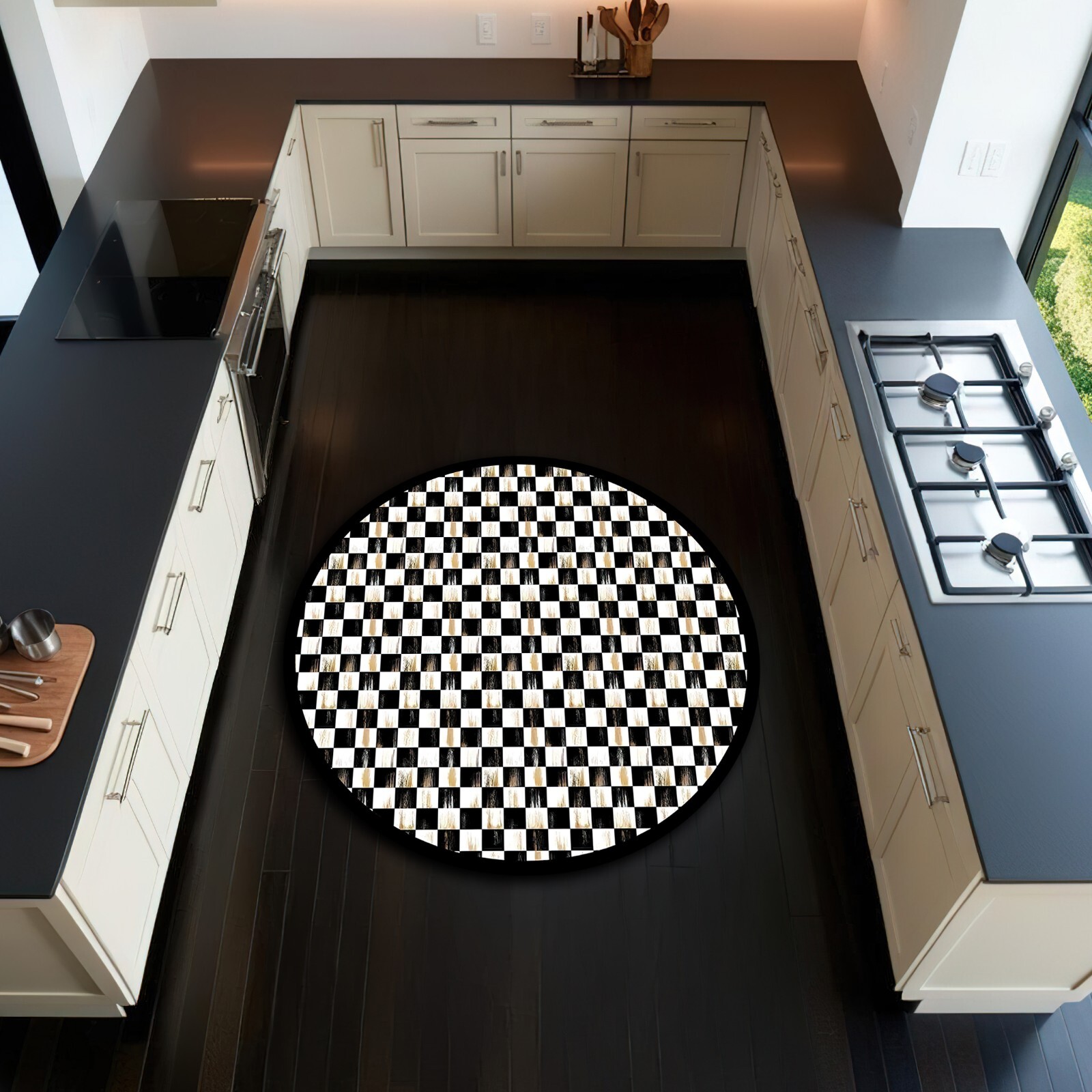 Retro Style Black and White Kitchen Carpet Round Square Rectangle Checkered Mat gallery