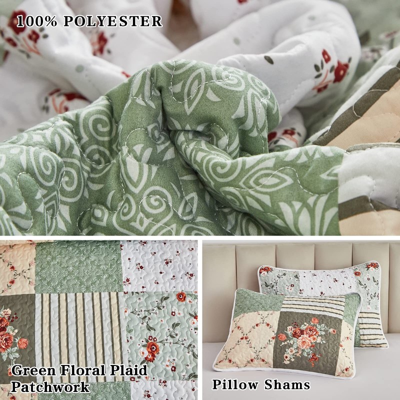 Patchwork Quilt Set Full/Queen Size, 3 Pieces Green Floral Plaid Summer Bedsp... gallery