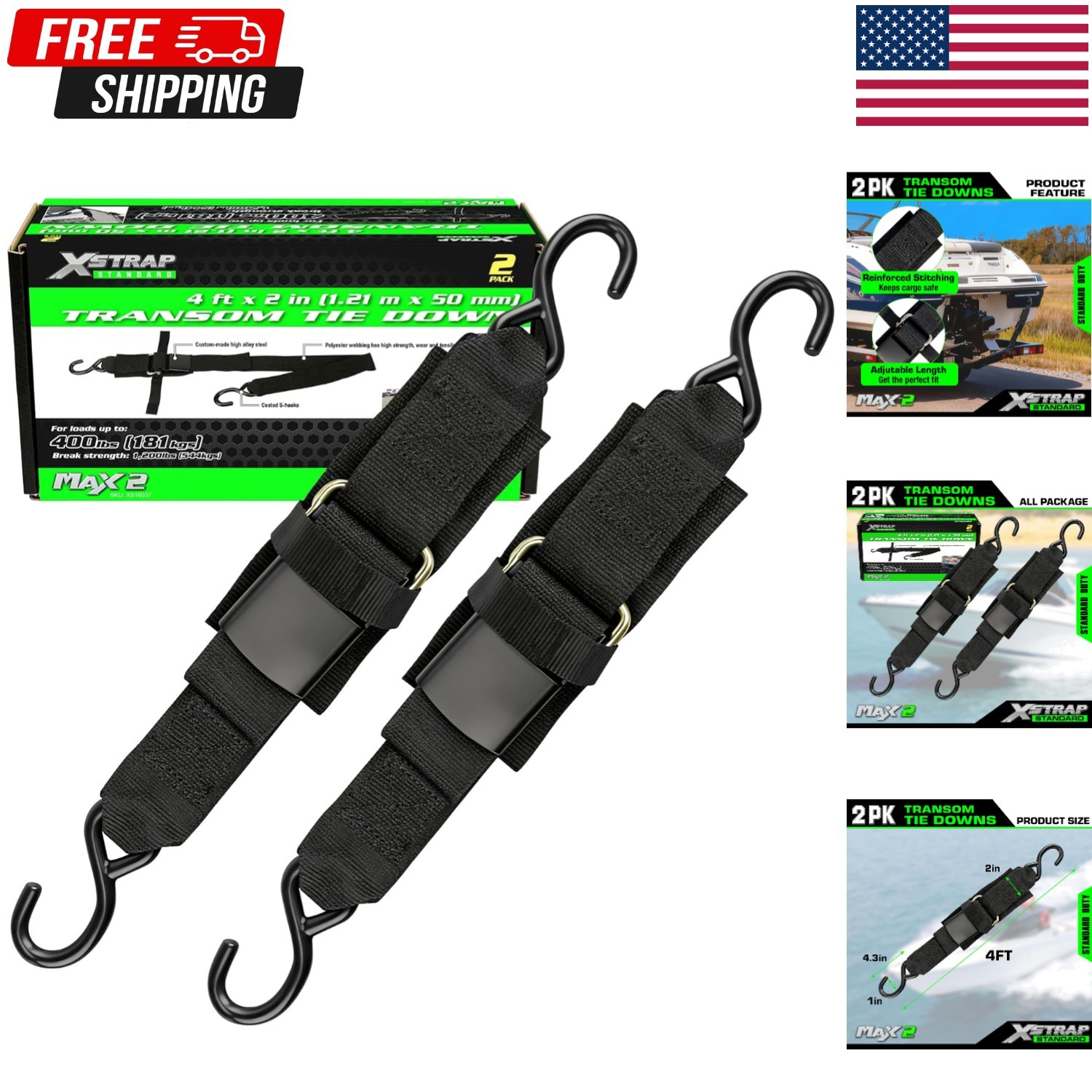 Marine Boat Trailer 2" X 4' Trailer Transom Tie-Down Straps, 2PK gallery