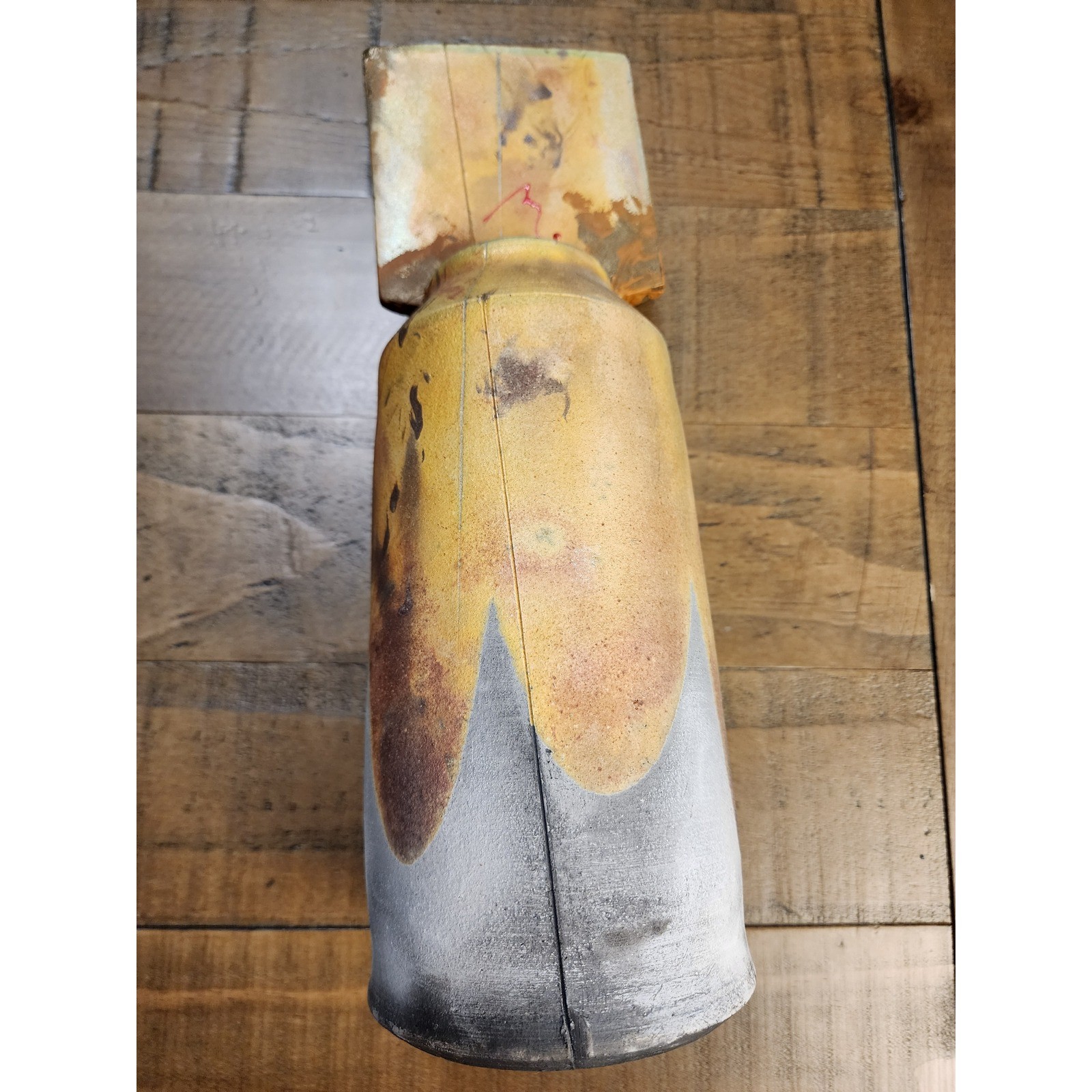 Truitt Studio Pottery Bomb Vase Signed Ceramic Art Sculpture Yellow Grey 12.5" gallery