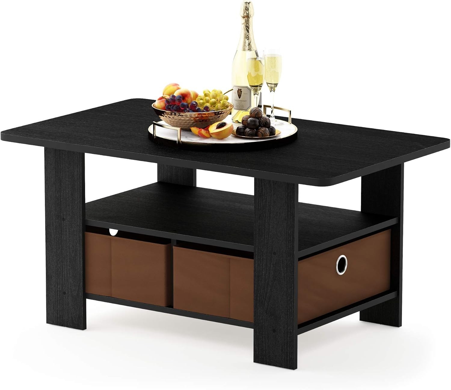 Elegant Engineered Wood Coffee Table with Dual Storage Bins in Medium Brown gallery