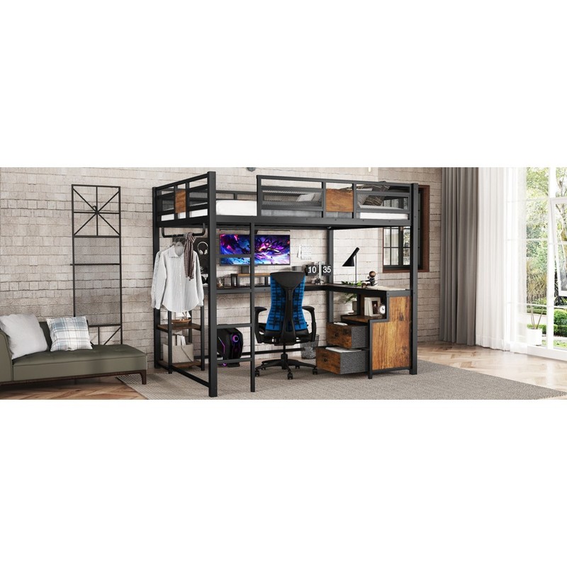 Queen Size Loft Bed with Desk & Storage Stairs, Wardrobe Side Table Bed Frame gallery