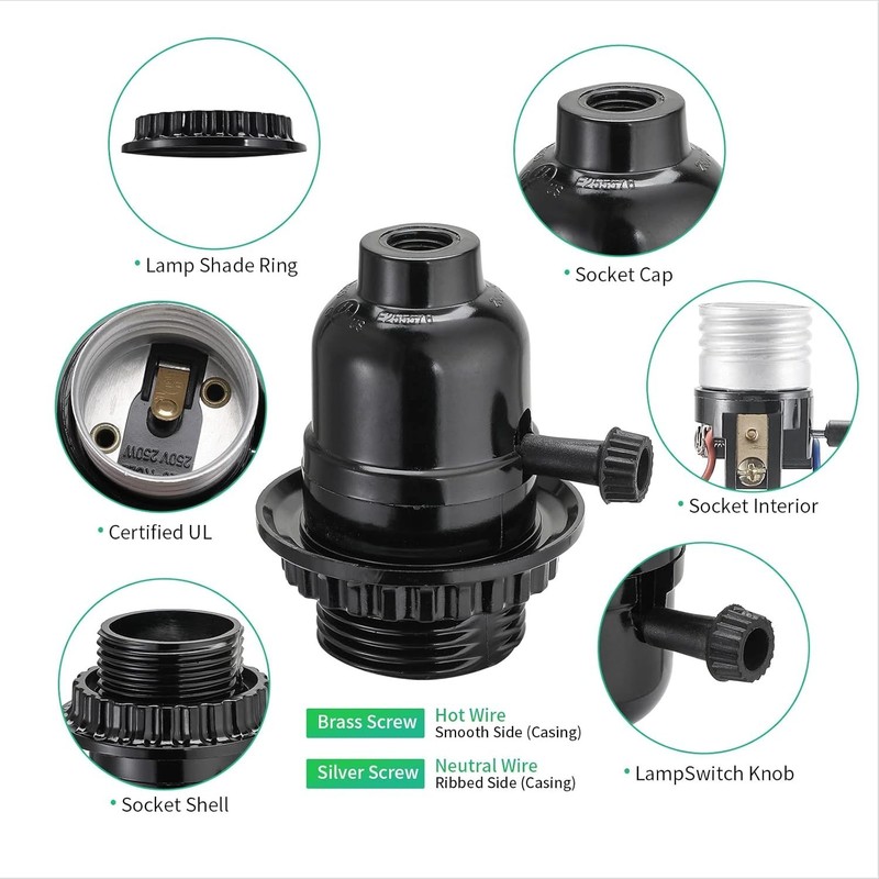 UL Listed E26 Light Socket, Lamp Socket Replacement with ON/Off Switch Black gallery