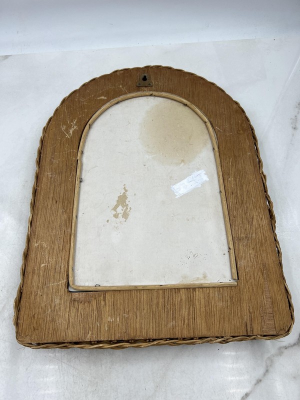 Vintage Wicker Rattan Mirror Arched Wall Hanging Boho Decor Natural 16x14in MCM gallery