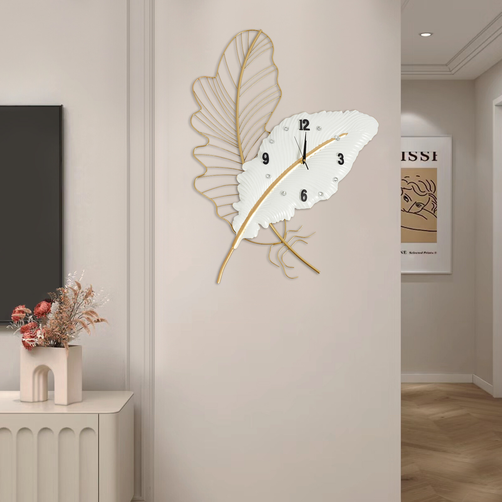 Extra Large Outdoor Garden Wall Clock Hanging Feather-shaped Wall Clock 21*30in gallery